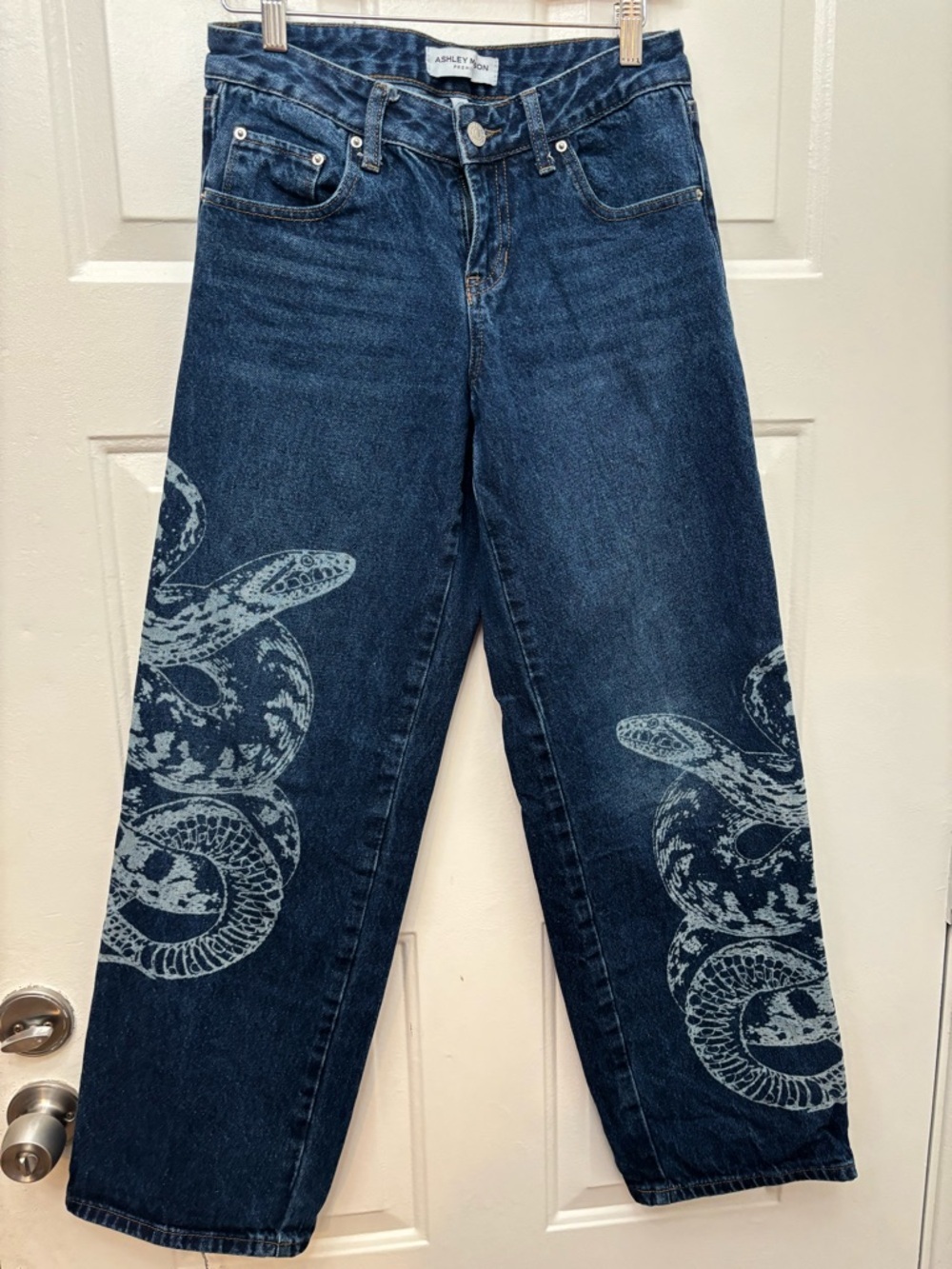 Ashley Mason Dark Blue Wide-Leg Jeans with Light Blue Snake Print